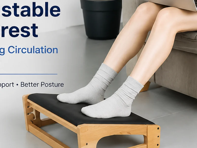 AI-generated illustration of a wooden adjustable under-desk footrest